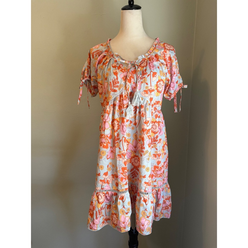 Boho Floral TasselTie Mini Dress Orange Pink Blue Retro boho cottage fairy M NEW